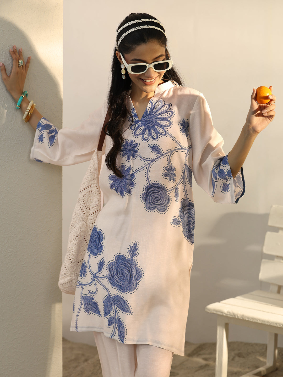 Off White Floral Printed Linen Co-Ord Set
