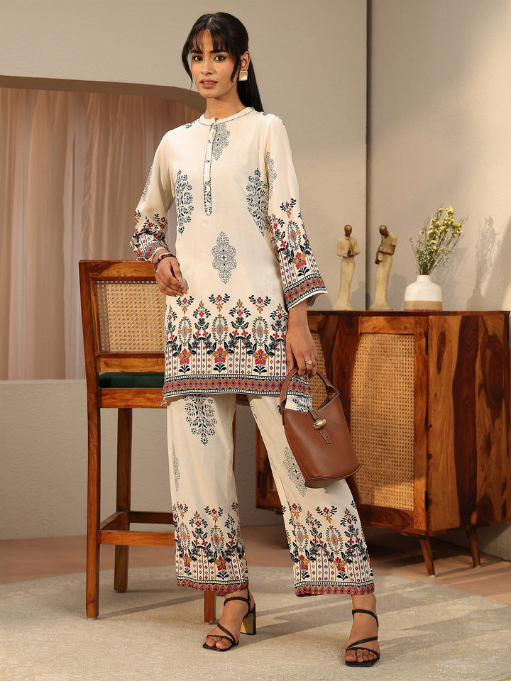 Off White Floral Printed Rayon Co-Ord Set