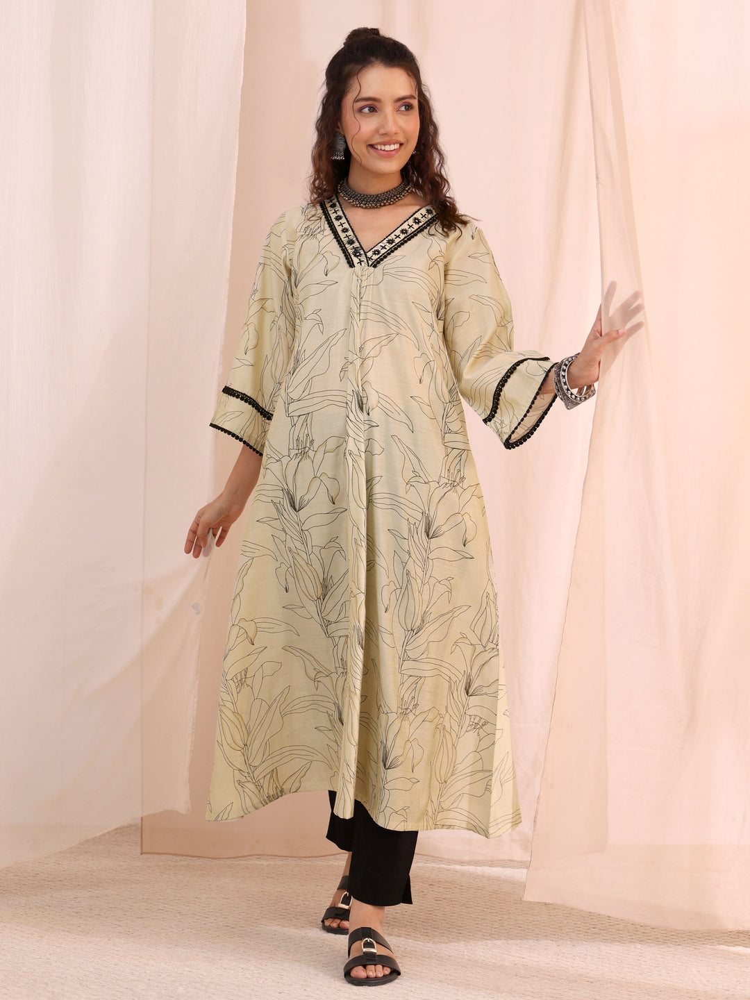 Libas Off White Floral Printed Silk Blend A-Line Kurta