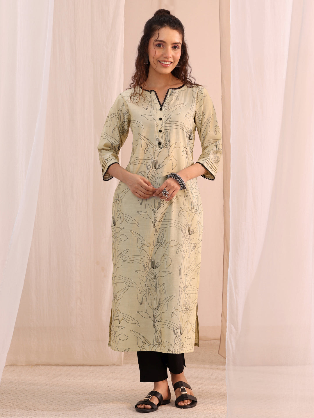 Libas Off White Floral Printed Silk Blend Straight Kurta