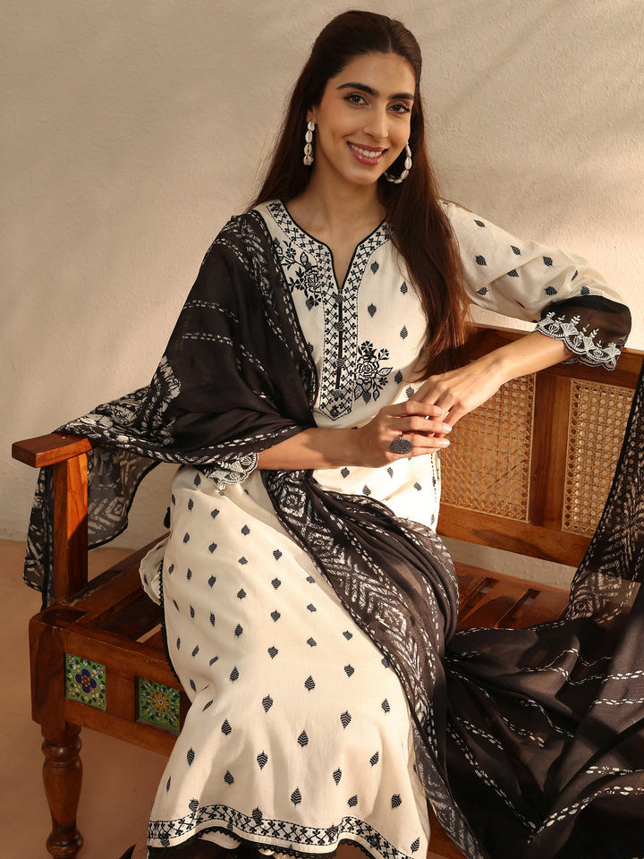 Off White Floral Woven Design Cotton Blend Straight Suit Set With Dupatta