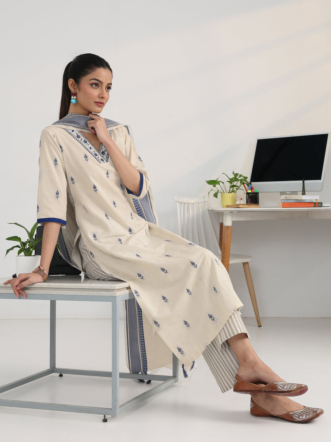 White Woven Design Cotton Blend Ambition Suit Set