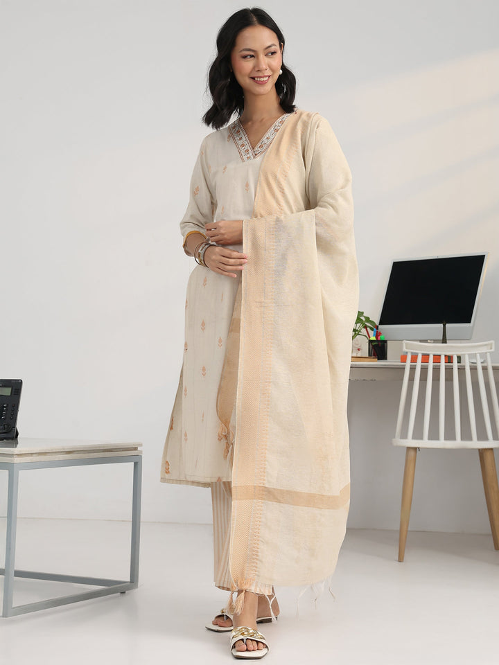 Off White Floral Woven Design Cotton Blend Straight Suit Set With Dupatta
