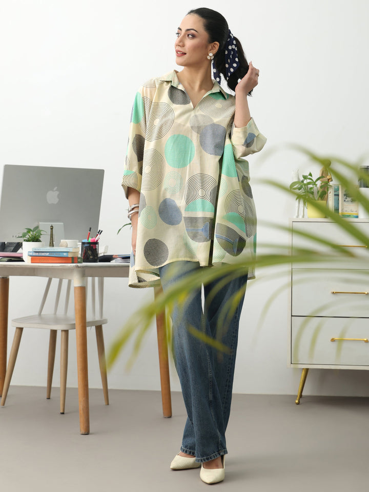 Off White Geometric Printed Cotton Blend A-Line Short Kurti