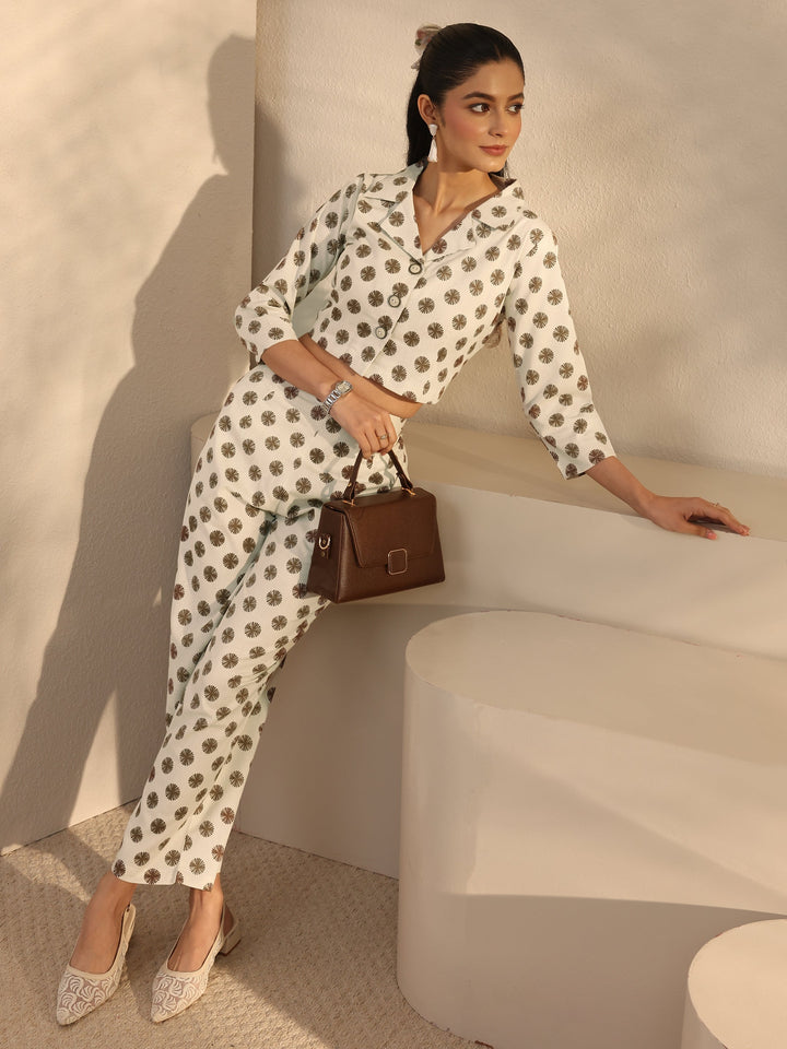 Off White Geometric Printed Cotton Blend Co-Ord Set
