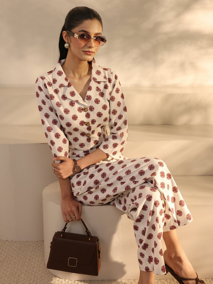 Off White Geometric Printed Cotton Blend Co-Ord Set