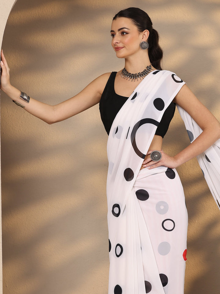 Off White Geometric Printed Georgette Saree With Unstitched Blouse Piece