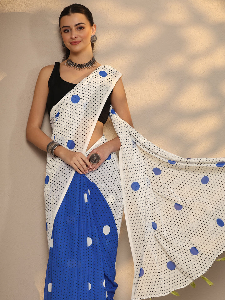 Off White Geometric Printed Georgette Saree With Unstitched Blouse Piece