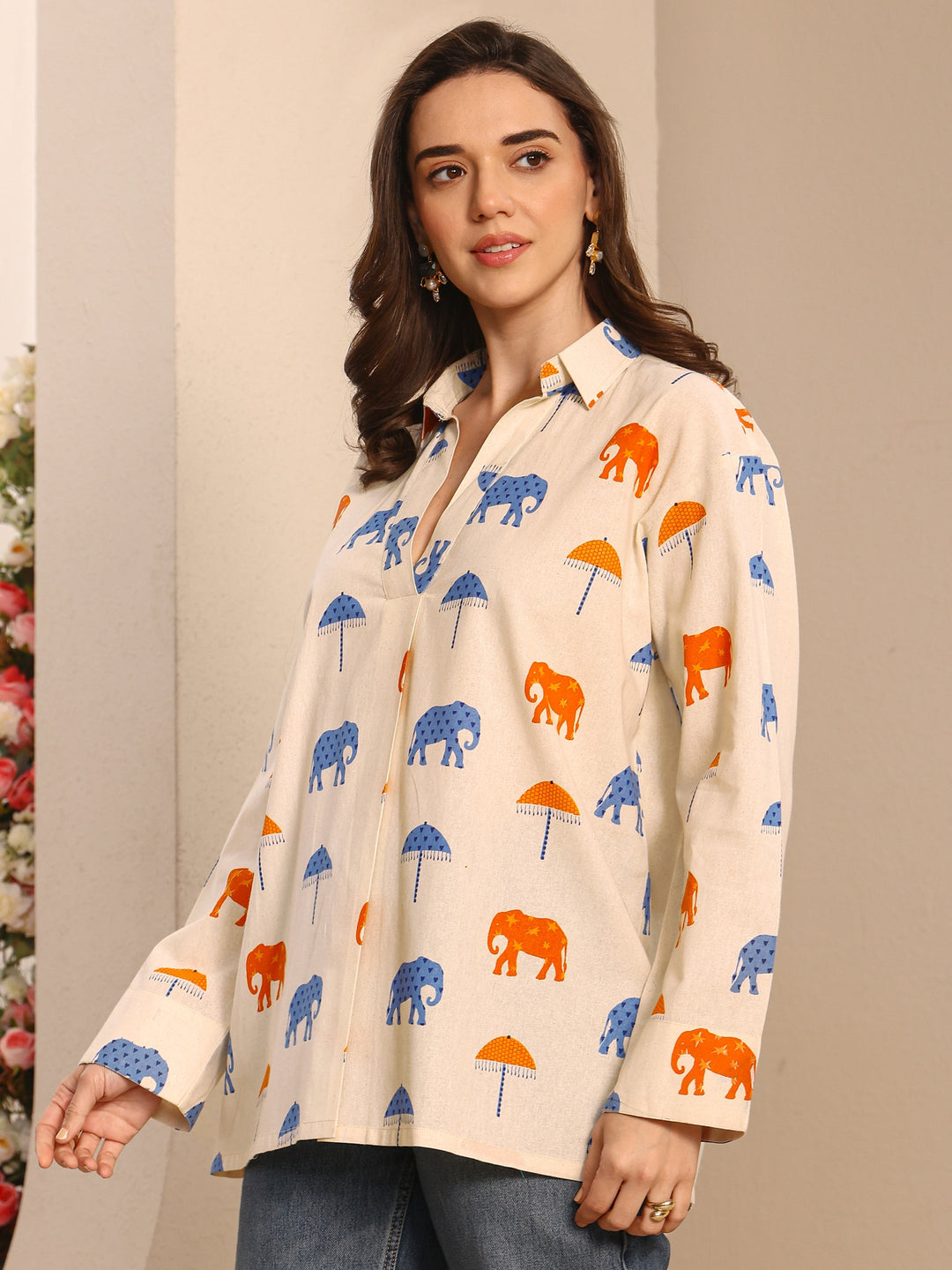 Off White Humanoid Printed Cotton Straight Short Kurti
