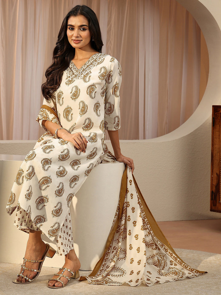 Off White Paisley Printed Cotton Blend Straight Suit Set