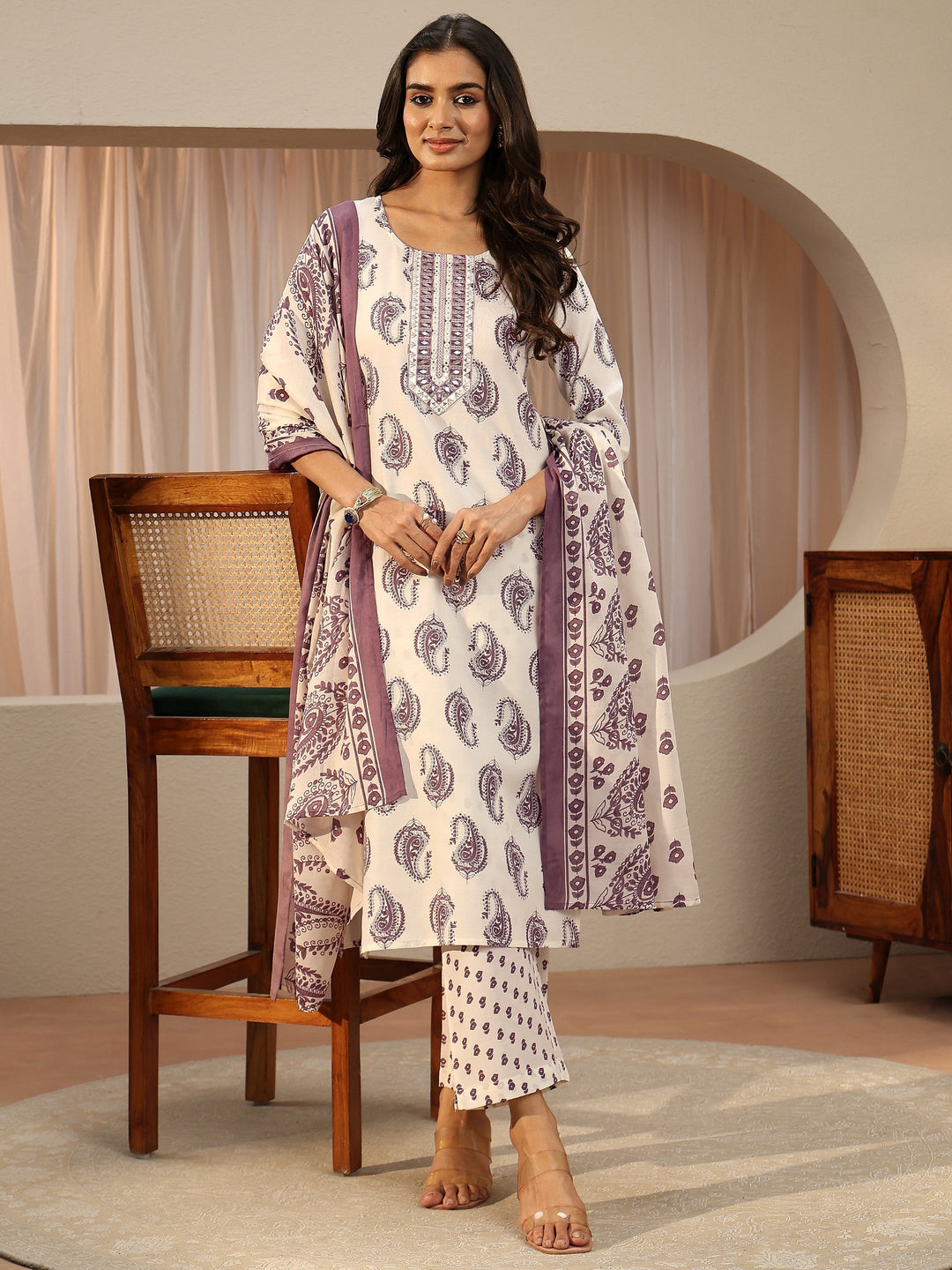 Off White Paisley Printed Cotton Blend Straight Suit Set