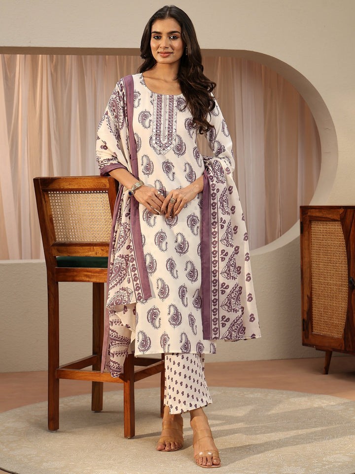 Off White Paisley Printed Cotton Blend Straight Suit Set