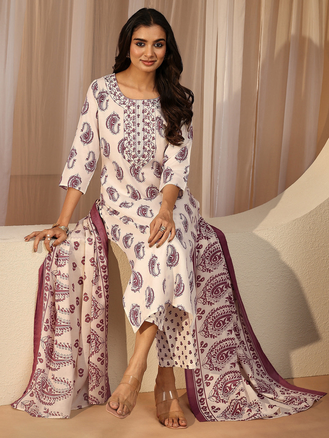 Off White Paisley Printed Cotton Blend Straight Suit Set