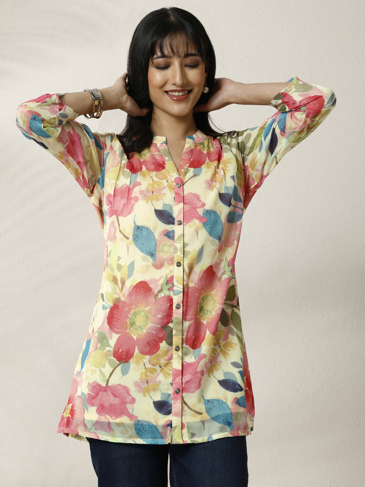 Off White Printed Chiffon Straight Short Kurti