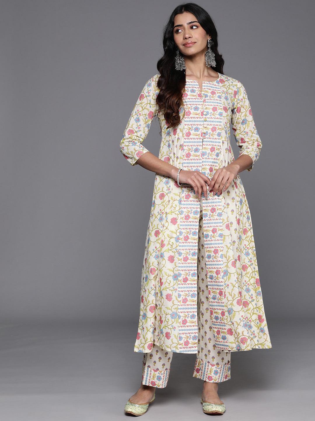 Off White Printed Cotton A-Line Kurta With Trousers - ShopLibas 