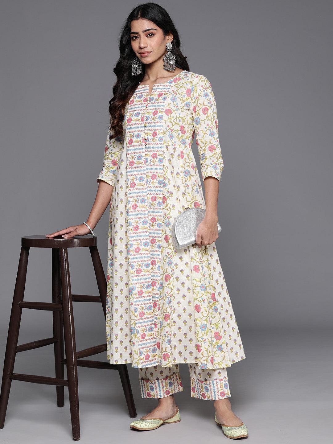 Off White Printed Cotton A-Line Kurta With Trousers - ShopLibas 