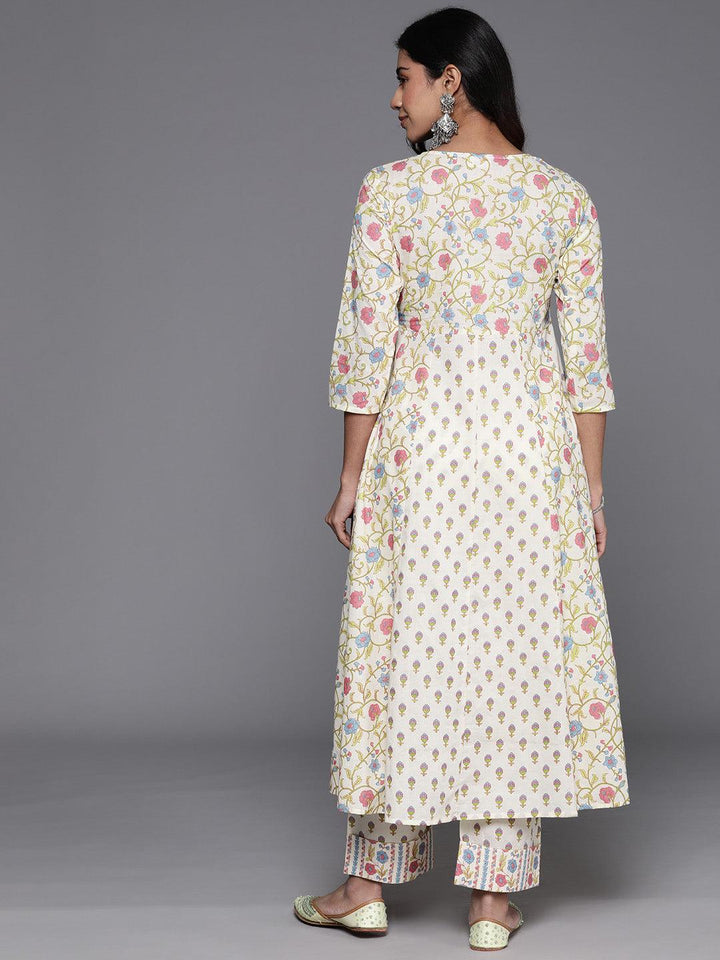 Off White Printed Cotton A-Line Kurta With Trousers