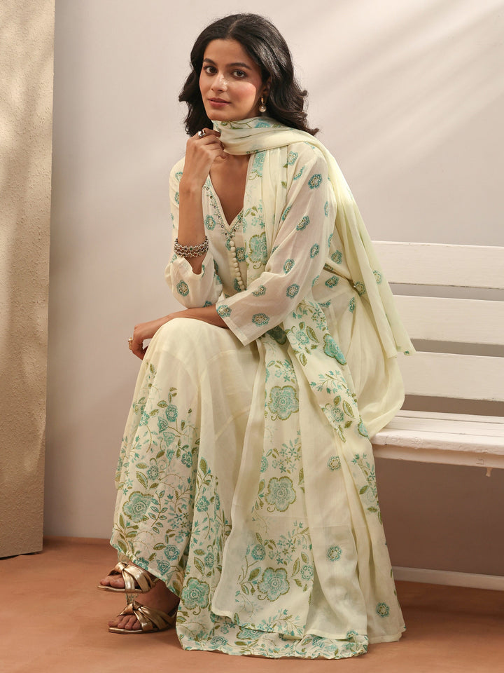 Off white Printed Cotton Anarkali Suit Set With Dupatta