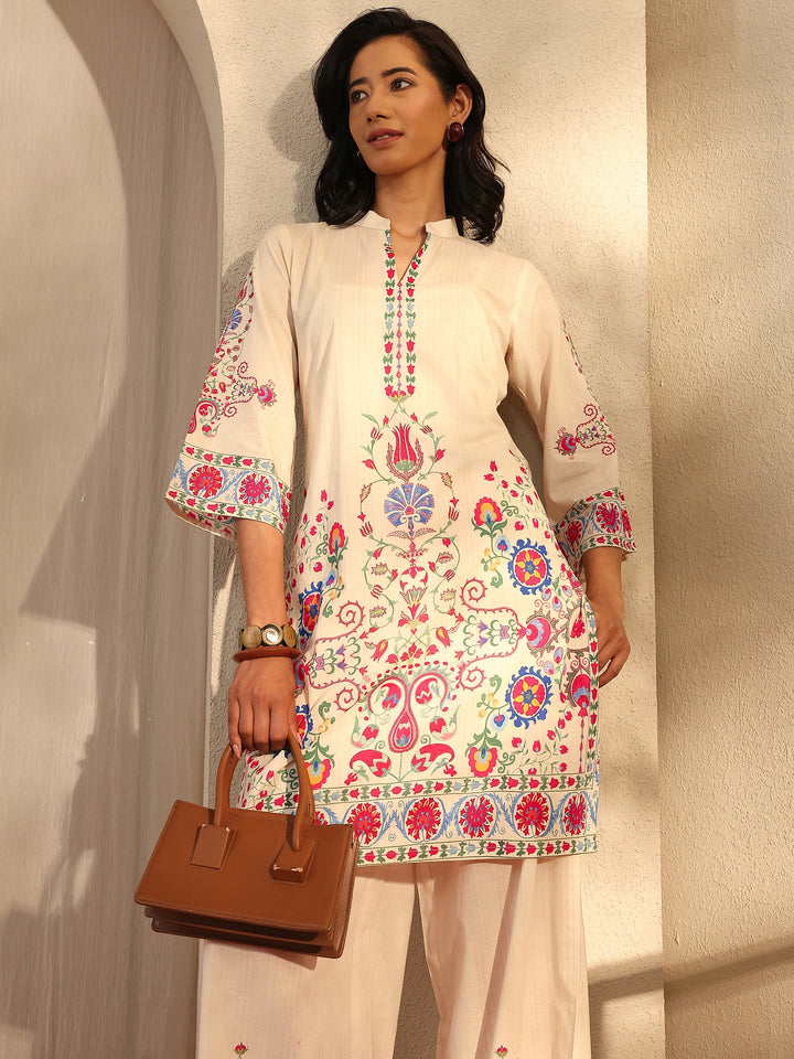 Off White Printed Cotton Blend Co-Ord Set