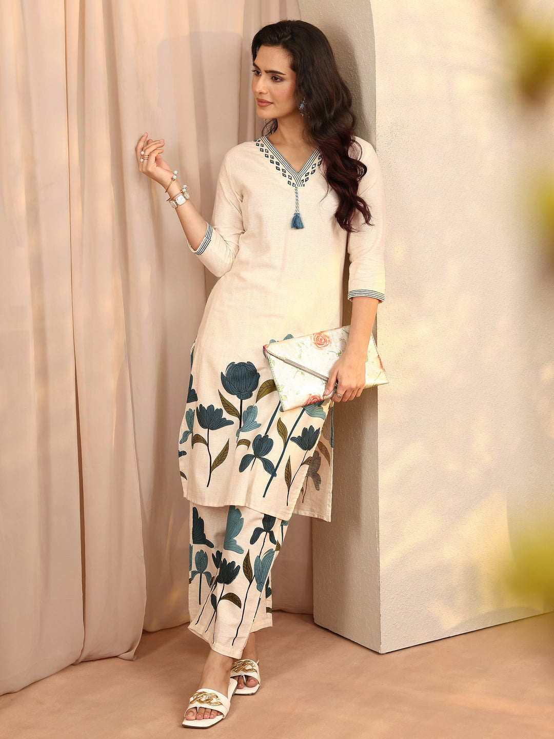 Off White Printed Cotton Blend Co-Ord Set