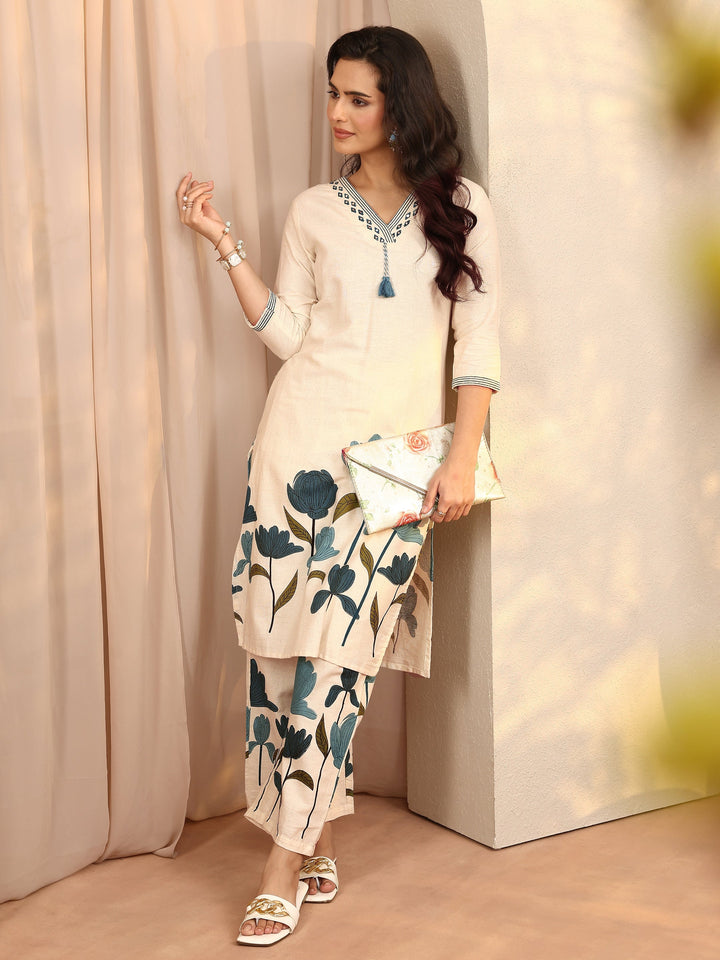 Off White Printed Cotton Blend Co-Ord Set