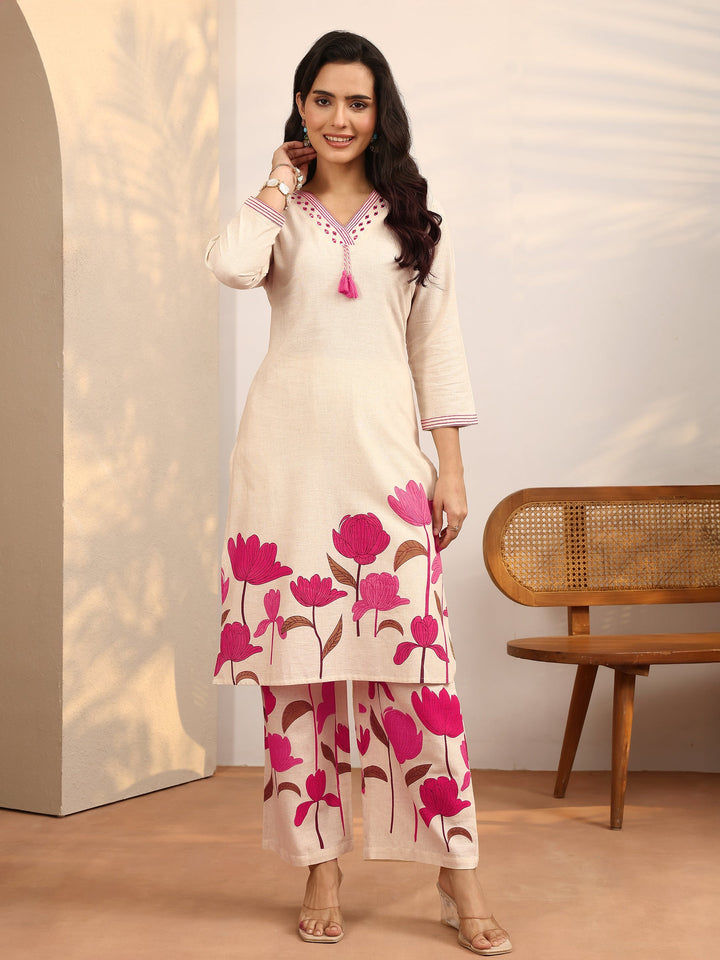 Off White Printed Cotton Blend Co-Ord Set