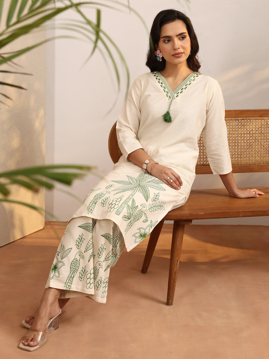 Off White Printed Cotton Blend Co-Ord Set