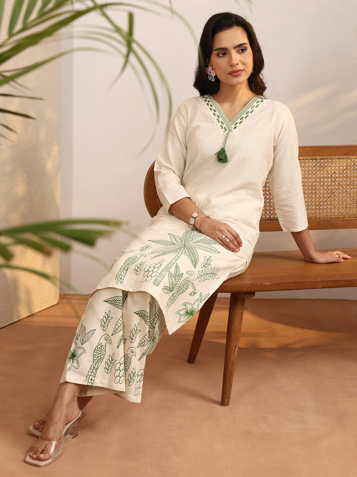 Off White Printed Cotton Blend Co-Ord Set