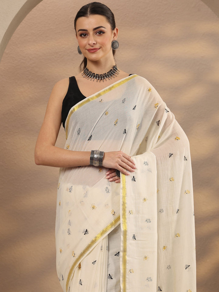 Off White Printed Cotton Blend Saree With Unstitched Blouse Piece