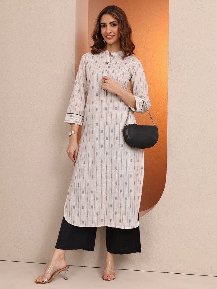 Off White Printed Cotton Blend Straight Kurta