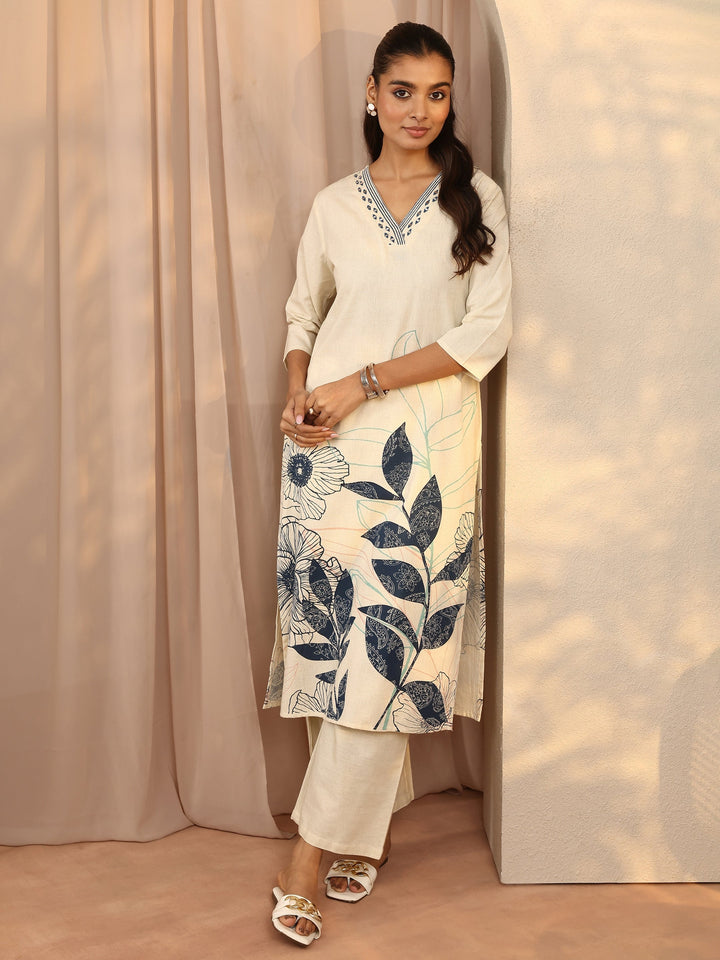 Off White Printed Cotton Blend Straight Kurta Set