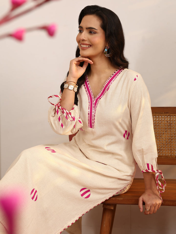 Off White Printed Cotton Blend Straight Kurta Set