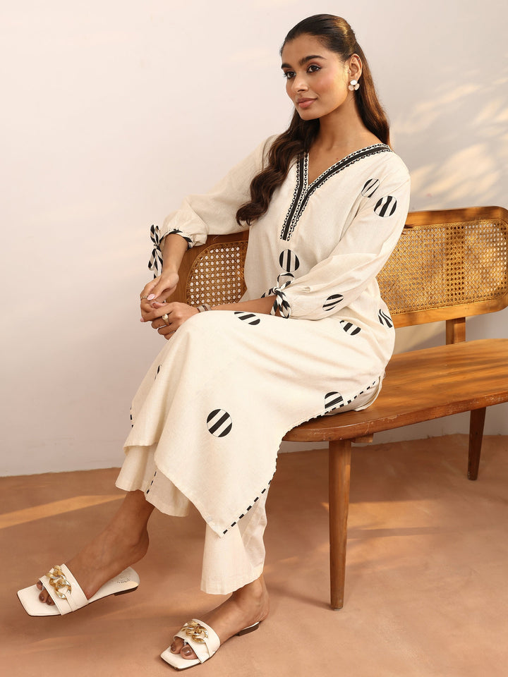 Off White Printed Cotton Blend Straight Kurta Set