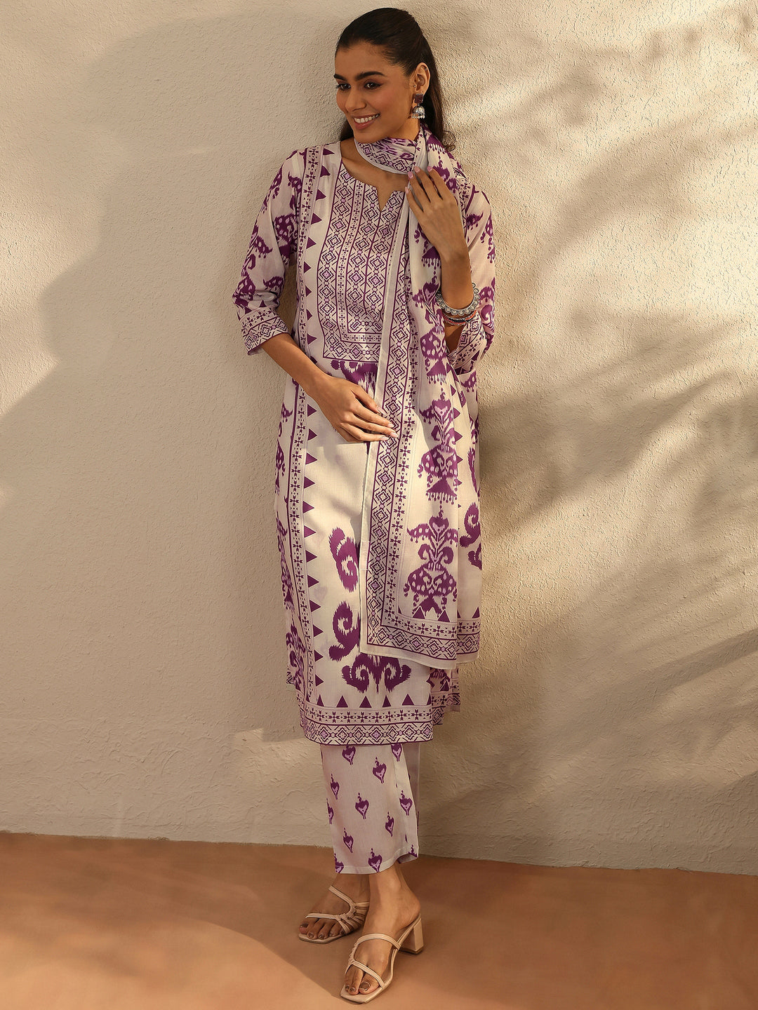 Off White Printed Cotton Blend Straight Suit Set With Dupatta
