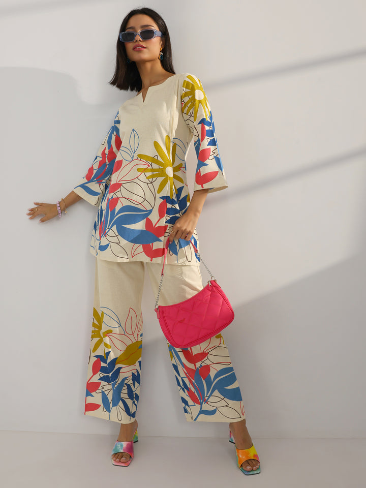 Off White Printed Cotton Co-Ord Sets