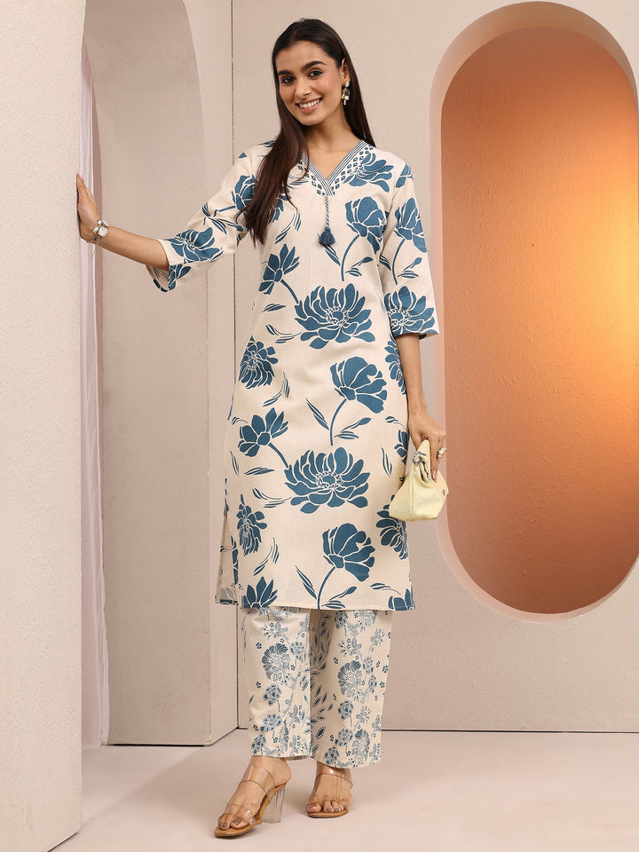 Off White Floral Printed Cotton Co-Ord Set