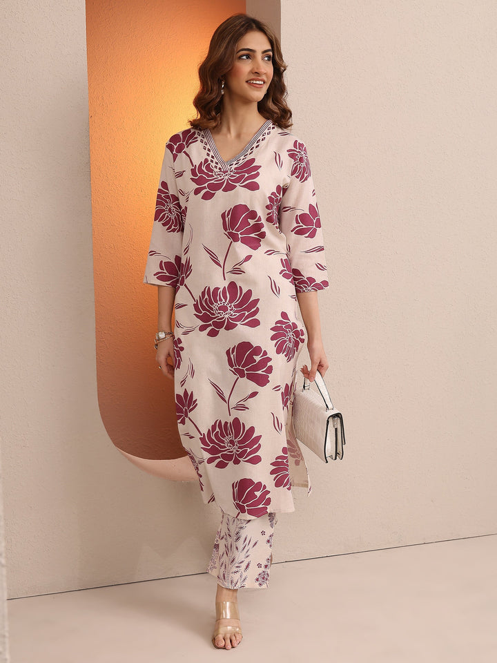 Off White Floral Printed Cotton Co-Ord Set