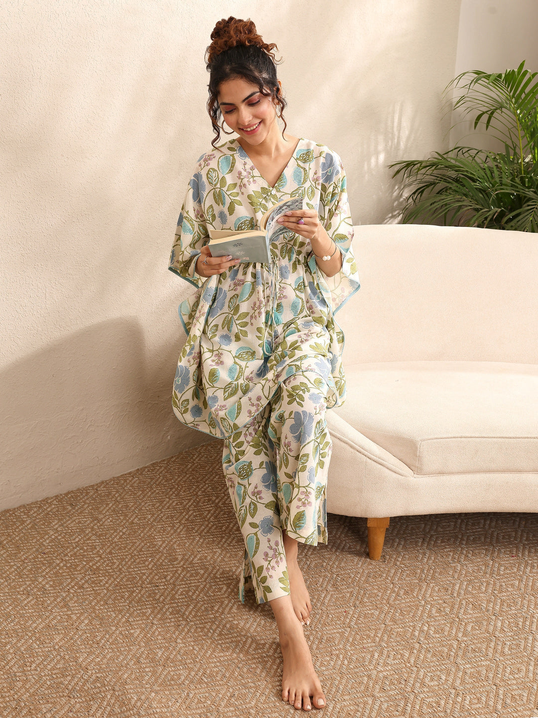 Off White Printed Cotton Night Suit