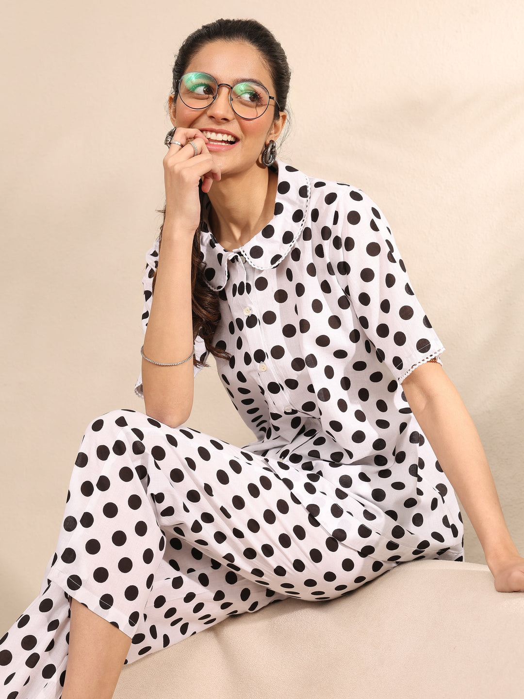 Off White Printed Cotton Night Suit