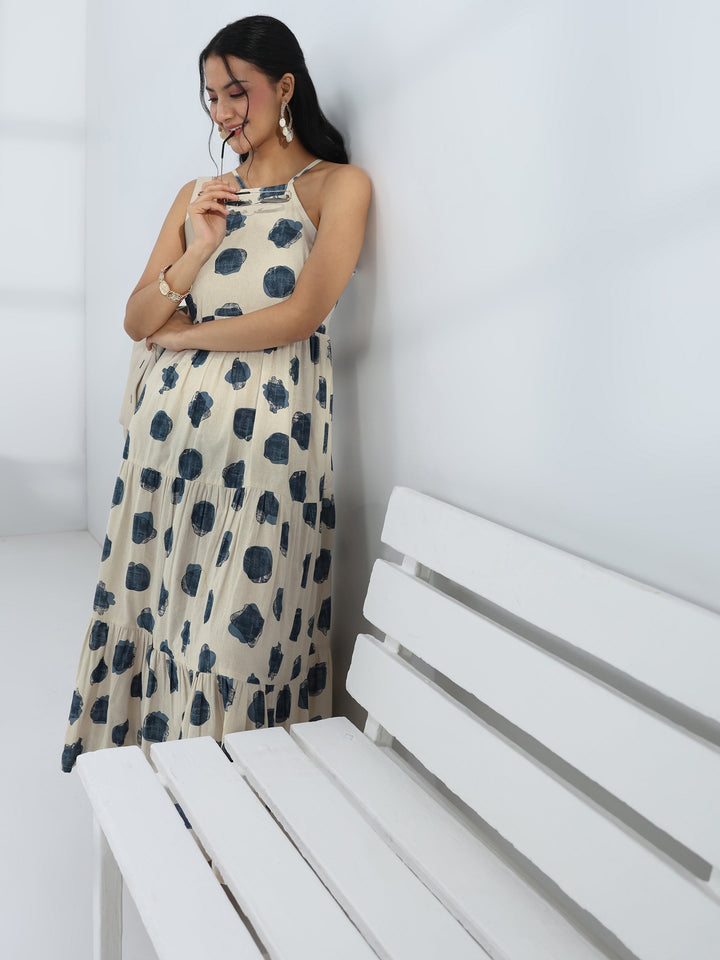 Off White Printed Cotton One-Piece Tiered Dress