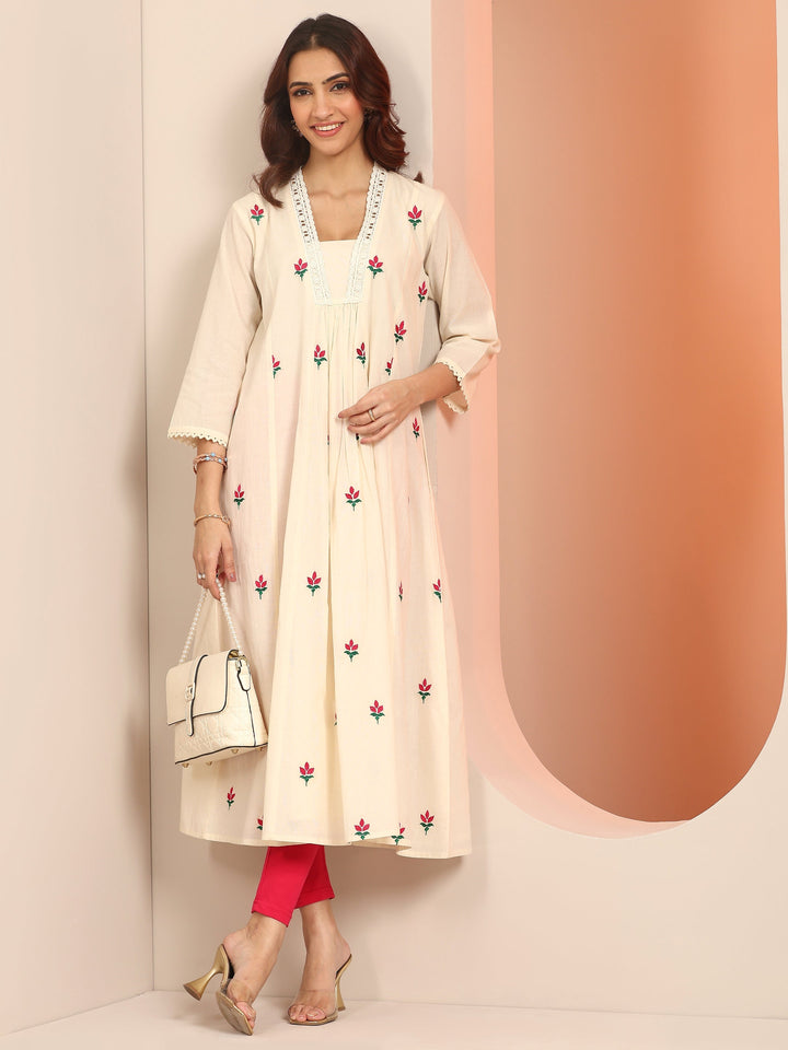 Off White Printed Cotton Pleated A-Line One Piece Dress