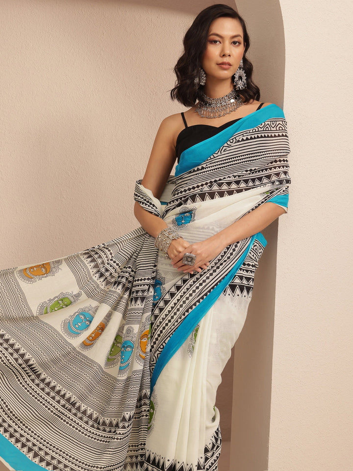 Off White Printed Cotton Saree With Unstitched Blouse Piece