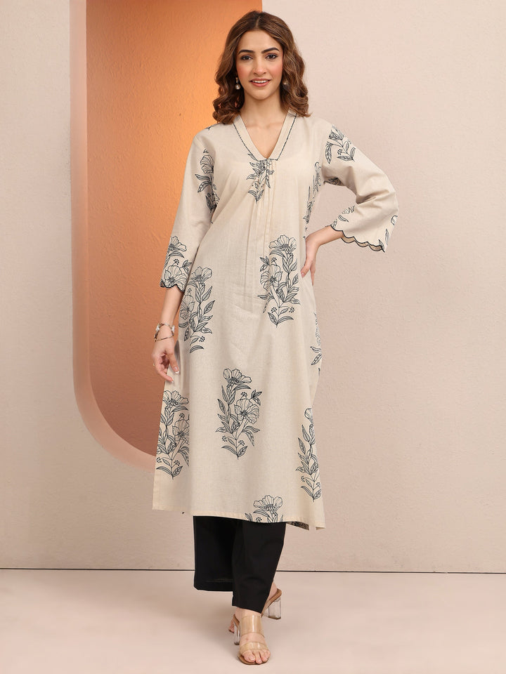 Off White Printed Cotton Straight Kurta