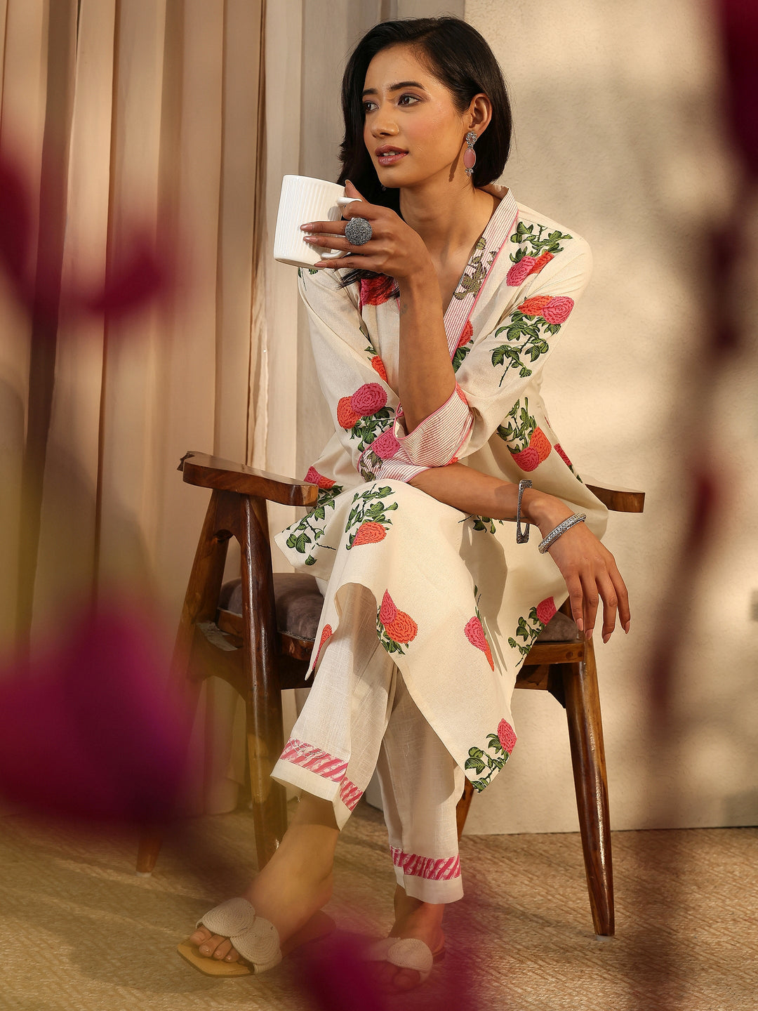 Off White Printed Cotton Straight Kurta