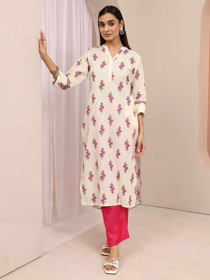 Off White Printed Cotton Straight Kurta