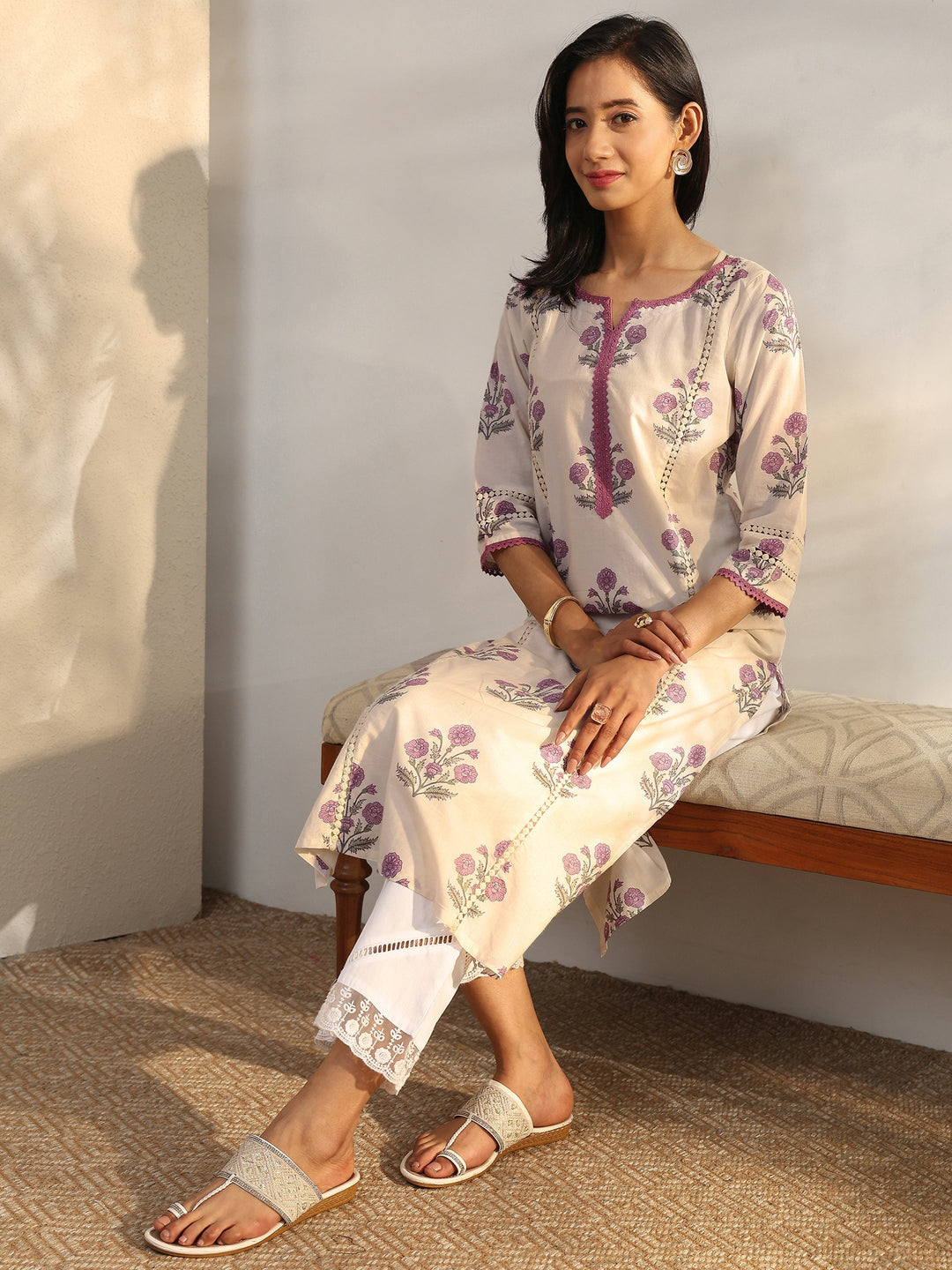 Off White Printed Cotton Straight Kurta