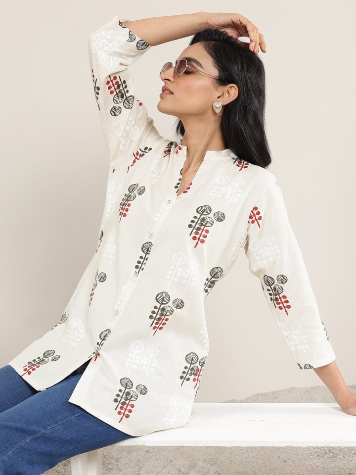 Libas Off White Printed Cotton Straight Short Kurti