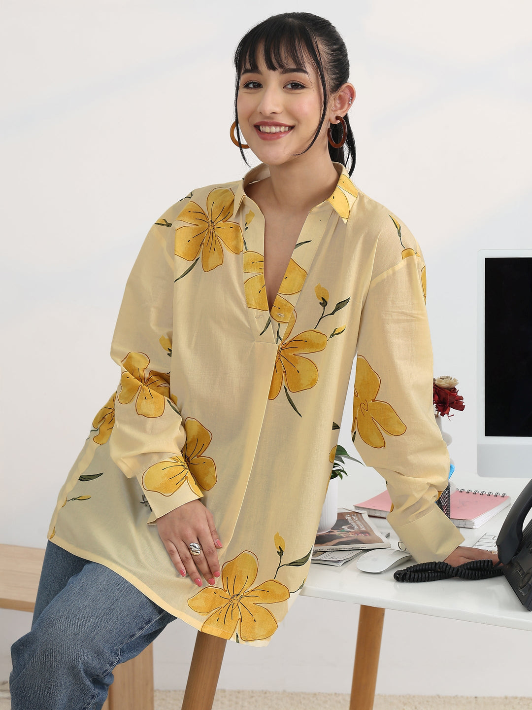 Off White Printed Cotton Straight Short Kurti