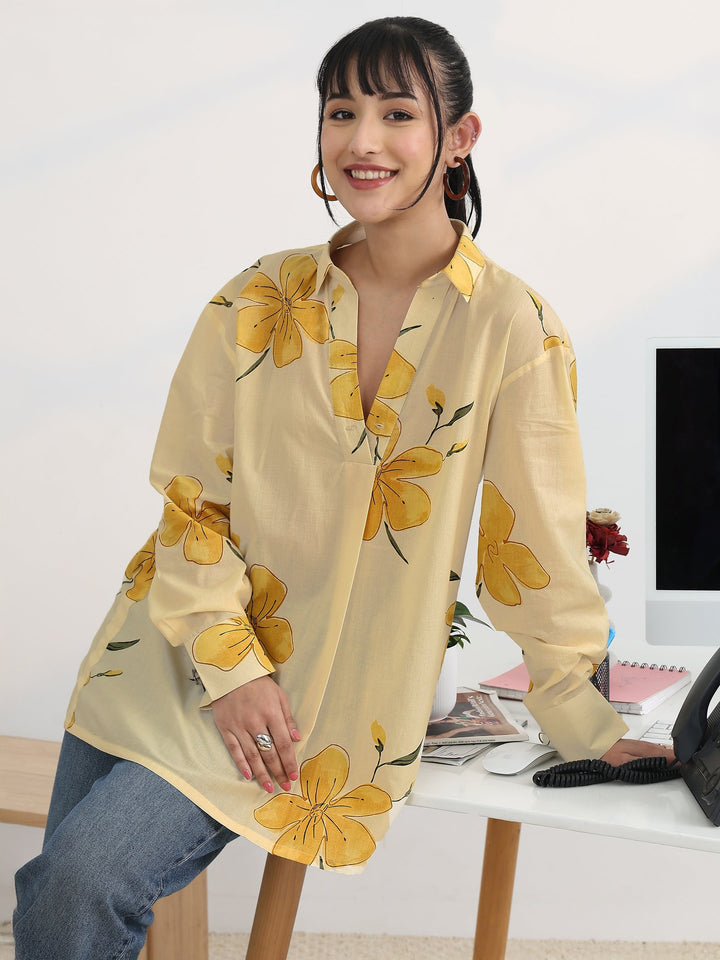 Off White Printed Cotton Straight Short Kurti