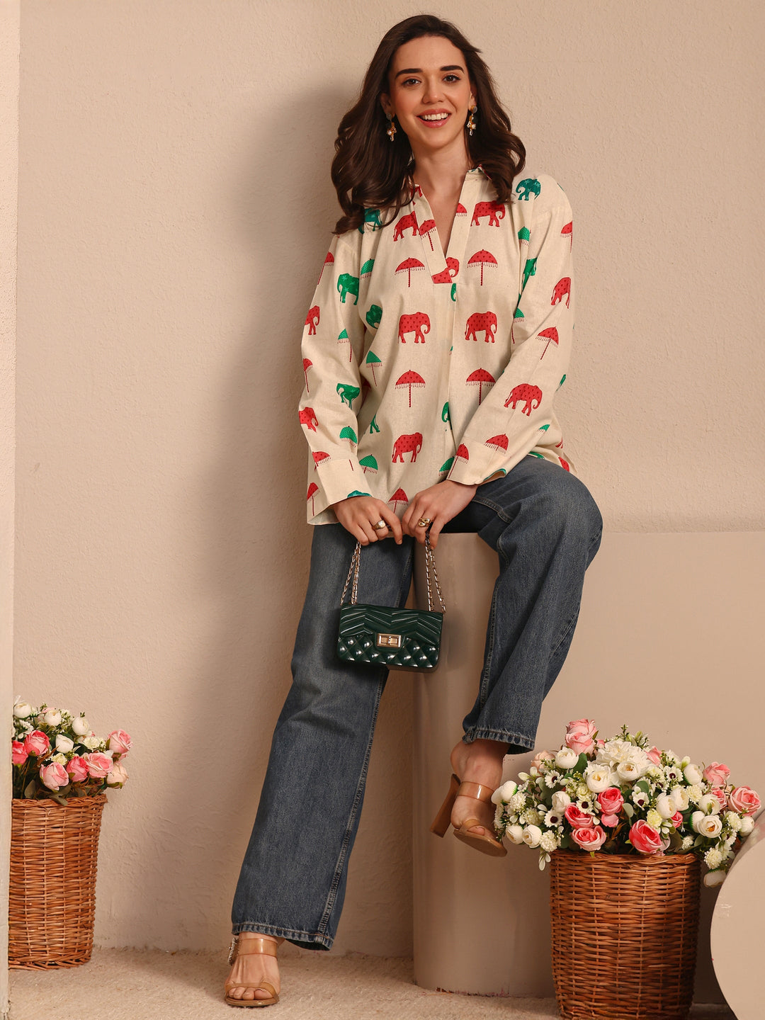 Off White Printed Cotton Straight Short Kurti